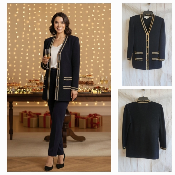 St. John Black and Gold Knit Cardigan